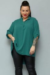 Tunika elegancka GOSIA ze stójką dłuższy tył morska. Zielone tuniki KARKO, plus size, bez wzorów, z elastanu, eleganckie, z asymetrycznym kołnierzem, bez ramiączek. Za 169.50 zł.