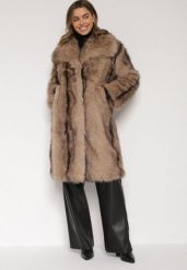 Brązowy Płaszcz Futro z Szerokim Kołnierzem i Kieszeniami Ezinda. Brązowe płaszcze Born2be, l, bez wzorów, z futra, biznesowe, bez kaptura. Za 339.99 zł.