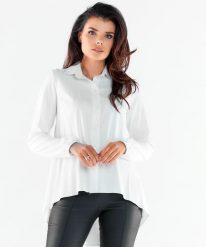 Elegancka Koszula z Dłuższym Tyłem - Biała. Białe koszule Awama, l, bez wzorów, z elastanu, eleganckie, bez kołnierzyka, bez ramiączek. Za 218.90 zł.