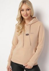 Beżowa Ocieplona Bluza Kangurka z Kapturem i Pluszową Naszywką Dysineia. Brązowe bluzy Born2be, l, z aplikacjami, z polaru, casualowe, bez ramiączek, z kapturem. W wyprzedaży za 76.49 zł.