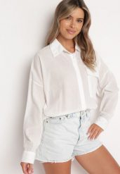 Biała Bawełniana Koszula z Dłuższym Tyłem z Ozdobną Kieszonką i Gumką Ralena. Białe koszule Born2be, l, z aplikacjami, z bawełny, bez kołnierzyka, bez ramiączek. Za 129.99 zł.