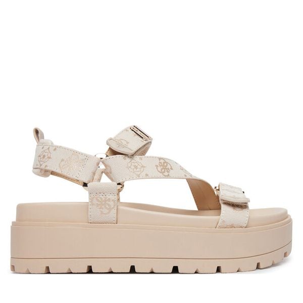 Sandały Guess. Brązowe sandały Guess, z aplikacjami, bez obcasa, na płaskiej podeszwie, bez zapięcia. Za 529.99 zł.