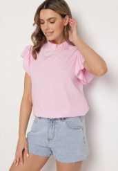 Różowa Bluzka z Wiskozą Ozdobiona Falbankami Emoti. Czerwone bluzki Born2be, uniwersalny, bez wzorów, z jeansu, eleganckie, bez kołnierzyka, bez ramiączek. Za 79.99 zł.