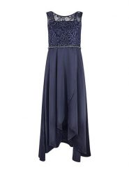 Happy girls by Eisend Sukienka w kolorze granatowym rozmiar: L. Niebieskie sukienki happy girls by Eisend, na co dzień, l, bez wzorów, z koronki, z asymetrycznym kołnierzem, bez ramiączek, maxi, asymetryczne. Za 188.85 zł.