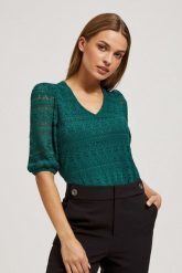 Koronkowa bluzka z bufiastymi rękawami szmaragdowa. Zielone bluzki MOODO, xs, bez wzorów, z elastanu, bez kołnierzyka, bez ramiączek. W wyprzedaży za 44.99 zł.