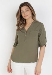 Zielona Bluzka Fiber. Zielone bluzki Born2be, l, bez wzorów, z jeansu, bez kołnierzyka, bez ramiączek. W wyprzedaży za 50.99 zł.