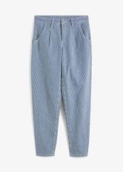 Dżinsy o baryłkowatym kroju w paski, mid waist. Niebieskie jeansy bonprix, na lato, bez wzorów, z jeansu. Za 149.99 zł.