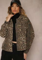 Brązowa Koszulowa Kurtka Jeansowa w Panterkę Cesira. Brązowe kurtki Renee, m, bez wzorów, z jeansu, eleganckie, bez kaptura. W wyprzedaży za 112.49 zł.