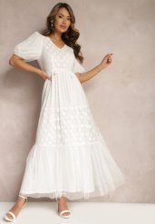 Biała Maxi Sukienka Tiulowa Rozkloszowana z Paskiem i Bufiastymi Rękawami Bervilla. Białe sukienki Renee, l, bez wzorów, z tiulu, eleganckie, bez kołnierzyka, bez ramiączek, maxi, rozkloszowane. W wyprzedaży za 143.99 zł.