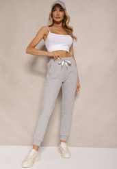 Szare Spodnie Dresowe z Bawełny o Kroju Jogger High Waist Cherisa. Szare jeansy Renee, bez wzorów, z bawełny. Za 59.99 zł.