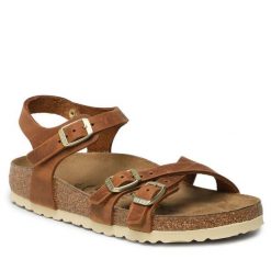Sandały Birkenstock. Brązowe sandały Birkenstock, bez wzorów, bez obcasa, na płaskiej podeszwie, bez zapięcia. Za 579.99 zł.