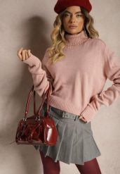 Jasnoróżowy Luźny Golf o Klasycznym Fasonie z Prążkami na Ściągaczach Basum. Czerwone swetry Renee, m, bez wzorów, z jeansu, eleganckie, bez ramiączek. W wyprzedaży za 87.99 zł.