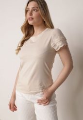 Beżowy Bawełniany T-shirt z Koronkowymi Rękawami Carilynore. Brązowe t-shirty Born2be, m, bez wzorów, z bawełny, eleganckie, bez kołnierzyka, bez ramiączek. Za 59.99 zł.