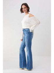 Trendyol Dżinsy - Flare fit - w kolorze niebieskim rozmiar: 36. Niebieskie jeansy Trendyol, bez wzorów, klasyczne, z podwyższonym stanem. Za 117.99 zł.