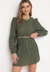 Ciemnozielona Rozkloszowana Sukienka z Gumką w Pasie i Długim Rękawem Biasha. Zielone sukienki Born2be, na co dzień, m, bez wzorów, eleganckie, bez kołnierzyka, bez ramiączek, mini, dopasowane. W wyprzedaży za 93.49 zł.