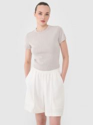 4F T-shirt slim z prążkowanej dzianiny damski - beżowy L. Brązowe t-shirty 4f, l, bez wzorów, z bawełny, klasyczne, bez kołnierzyka, bez ramiączek. W wyprzedaży za 49.99 zł.