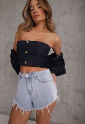 Niebieskie Jeansowe Szorty z Bawełną High Waist z Postrzępionymi Nogawkami Calamailt. Niebieskie szorty Renee, bez wzorów, z bawełny, casualowe. Za 99.99 zł.