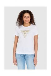 GUESS Biały t-shirt damski ze złotym haftowanym cyrkoniami logotypem slim fit. Białe t-shirty Guess, s, z aplikacjami, z bawełny, bez kołnierzyka, bez ramiączek. W wyprzedaży za 190.99 zł.