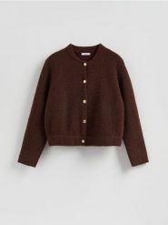 Kardigan z dekoracyjnymi guzikami - brązowy. Brązowe swetry Reserved, l, bez wzorów, z dzianiny, bez ramiączek. Za 159.99 zł.