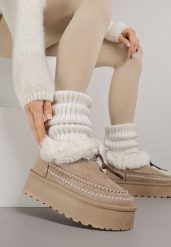 Ciemnobeżowe Śniegowce na Platformie Ozdobione Futerkiem i Przeszyciami Linerva. Brązowe śniegowce Renee, bez wzorów, z jeansu, bez zapięcia. Za 109.99 zł.