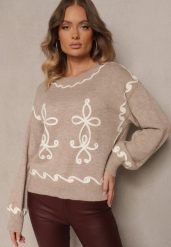 Beżowy Sweter z Wiskozą i Geometrycznym Wzorem Senallin. Brązowe swetry Renee, uniwersalny, bez wzorów, z jeansu, casualowe, bez ramiączek. W wyprzedaży za 111.99 zł.