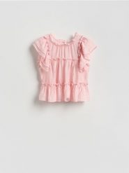 Bluzka z wiskozą - brzoskwiniowy. Pomarańczowe bluzki Reserved, l, bez wzorów, z tkaniny, klasyczne, bez kołnierzyka, bez ramiączek. Za 119.99 zł.