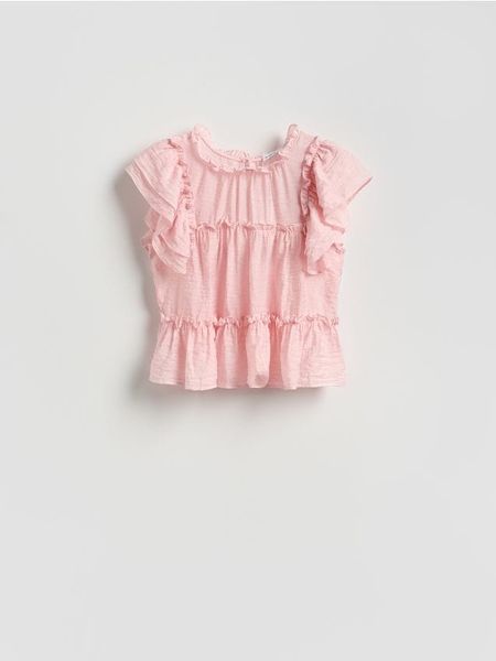 Bluzka z wiskozą - brzoskwiniowy. Pomarańczowe bluzki Reserved, l, bez wzorów, z tkaniny, klasyczne, bez kołnierzyka, bez ramiączek. Za 119.99 zł.