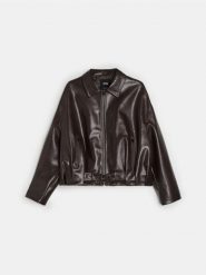 Kurtka bomber z kołnierzykiem z imitacji skóry - brązowy. Brązowe kurtki Sinsay, l, bez wzorów, ze skóry, bez kaptura. Za 99.99 zł.