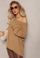 Ciemnobeżowy Sweter o Luźnym Kroju Adaoma. Brązowe swetry Renee, bez wzorów, z dzianiny, casualowe, bez ramiączek. W wyprzedaży za 63.99 zł.