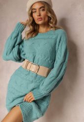Ciemnozielony Długi Sweter Oversize z Wypukłym Splotem All Over Somet. Zielone swetry Renee, bez wzorów, ze splotem, casualowe, bez ramiączek. W wyprzedaży za 127.99 zł.