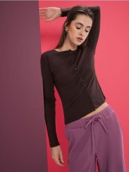 Bluzka z bawełną z długim rękawem - brązowy. Brązowe bluzki Sinsay, l, bez wzorów, z bawełny, bez kołnierzyka, bez ramiączek. Za 29.99 zł.