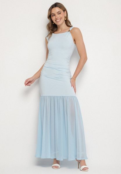 Niebieska Koktajlowa Sukienka z Wiskozą Ozdobiona Marszczeniem Galapina. Niebieskie sukienki Born2be, na imprezę, bez wzorów, z wiskozy, klasyczne, bez kołnierzyka, bez ramiączek, maxi. Za 119.99 zł.