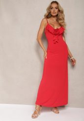 Czerwona Sukienka Koktajlowa o Dopasowanym Kroju z Ozdobną Broszką Kwiatkiem i Falbaną Vikassa. Czerwone sukienki Renee, na imprezę, m, bez wzorów, eleganckie, bez kołnierzyka, bez ramiączek, maxi, dopasowane. W wyprzedaży za 67.99 zł.