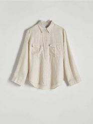 Lniana koszula - beżowy. Brązowe koszule Reserved, l, bez wzorów, klasyczne, bez kołnierzyka, bez ramiączek. W wyprzedaży za 89.99 zł.