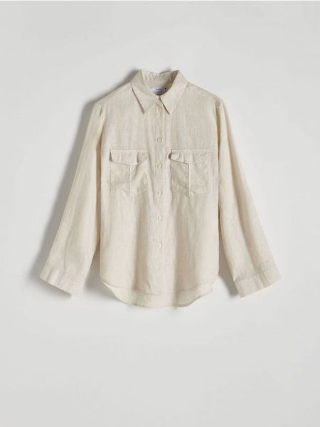 Lniana koszula - beżowy. Brązowe koszule Reserved, l, bez wzorów, klasyczne, bez kołnierzyka, bez ramiączek. W wyprzedaży za 89.99 zł.