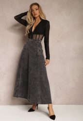 Czarna Bawełniana Spódnica Maxi Rozkloszowana z Jeansu z Ozdobnym Łańcuszkiem Viralle. Czarne spódnice Renee, s, bez wzorów, z bawełny, boho, maxi, rozkloszowane. W wyprzedaży za 167.99 zł.