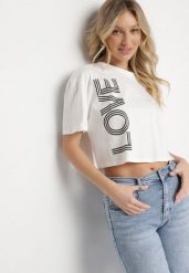 Biały Krótki Bawełniany T-shirt z Napisem Sannirra. Białe t-shirty Born2be, m, bez wzorów, z bawełny, klasyczne, bez kołnierzyka, bez ramiączek. Za 49.99 zł.