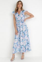 Jasnoniebieska Sukienka z Paskiem Myranie. Niebieskie sukienki Born2be, s, bez wzorów, z materiału, bez kołnierzyka, bez ramiączek, maxi, kopertowe. Za 179.99 zł.