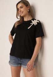 Czarny Bawełniany T-shirt z Ozdobną Aplikacją z Perełek i Cyrkonii Haidea. Czarne t-shirty Born2be, l, z aplikacjami, z bawełny, eleganckie, bez kołnierzyka, bez ramiączek. Za 49.99 zł.
