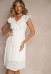 Biała Haftowana Rozkloszowana Sukienka z Bawełny Neliasta. Białe sukienki Renee, na spacer, l, bez wzorów, z bawełny, eleganckie, bez kołnierzyka, bez ramiączek, midi, rozkloszowane. W wyprzedaży za 75.99 zł.