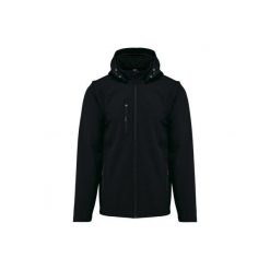 Kurtka 3-warstwowa z kapturem i odpinanymi rękawami Kariban Softshell. Czarne kurtki przejściowe sportowe KARIBAN, m, bez wzorów, z elastanu, z kapturem. Za 301.50 zł.