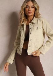 Beżowa Jeansowa Kurtka z Bawełny z Guzikami i Kieszeniami Ainztia. Brązowe kurtki Renee, l, bez wzorów, z bawełny, eleganckie, bez kaptura. W wyprzedaży za 104.99 zł.