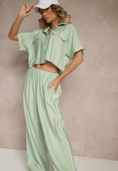 Jasnozielony Komplet z Wiskozy Koszula o Krótkim Kroju i Szerokie Spodnie Daviriana. Zielone koszule Renee, bez wzorów, z wiskozy, eleganckie, bez kołnierzyka, bez ramiączek. Za 139.99 zł.