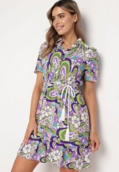 Fioletowa Sukienka z Bawełny o Koszulowym Fasonie w Kwiatowo Abstrakcyjny Wzór Edlana. Fioletowe sukienki Born2be, l, bez wzorów, z bawełny, eleganckie, bez kołnierzyka, bez ramiączek, mini, koszulowe. W wyprzedaży za 29.74 zł.