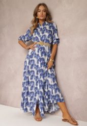 Niebieska Koszulowa Sukienka Maxi z Guzikami i Podpinanymi Rękawami Jaye. Niebieskie sukienki Renee, l, bez wzorów, boho, bez kołnierzyka, bez ramiączek, maxi, koszulowe. W wyprzedaży za 107.99 zł.