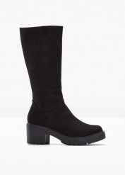 Kozaki. Czarne kozaki bonprix, bez wzorów, bez obcasa, bez zapięcia. Za 219.99 zł.