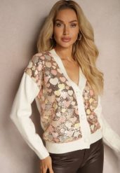 Beżowy Wzorzysty Kardigan w Serduszka z Dekoltem w Serek i Cekinami Ansilene. Brązowe swetry Renee, bez wzorów, z jeansu, eleganckie, bez ramiączek. W wyprzedaży za 119.99 zł.