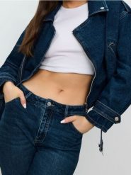Kurtka ramoneska oversize - granatowy. Niebieskie kurtki Sinsay, l, bez wzorów, bez kaptura. Za 99.99 zł.