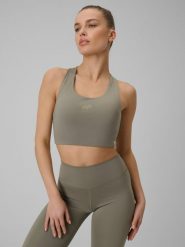 4F Biustonosz treningowy z niskim wsparciem damski - oliwkowy XS. Brązowe biustonosze sportowe 4f, bez wzorów, z gumy, na fitness i siłownię. Za 89.99 zł.