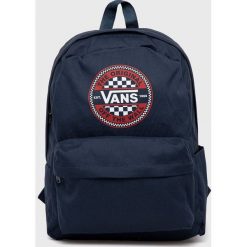 Vans plecak kolor granatowy duży z nadrukiem. Niebieskie plecaki Vans, bez wzorów, do ręki, z nadrukiem, bez dodatków. Za 179.99 zł.